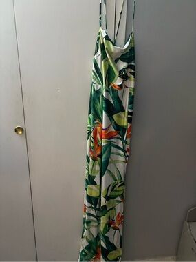 Fashion Nova Green & White Tropical Print Dress with Orange Detail